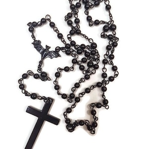 BACK IN BLACK Gothic Victorian Vampire Bat All Black Goth Rosary Cross Pendant Layering Trad Goth Wrap Necklace