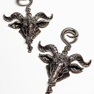GOAT OF MENDEZ Baphomet Satanic Goat Head Stainless Steel Ear Weights Hangers Gauges Hooks Earrings Stretched Lobes 2g, 0g, 00g Gauge