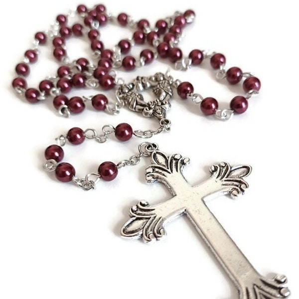 PEARLS BEFORE SWINE Gothic Victorian Glass Crystal Faux Pearl Chaplet Prayer Cherub Rosary Necklace Burgundy Wine Dark Red