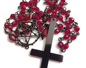 SATANIC PANIC Black and Blood Red Garnet Red Glass Inverted Pentagram Cross Beaded Rosary Necklace