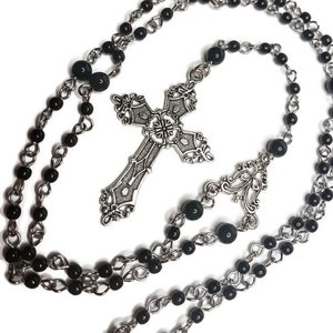 HELLEN Gothic Victorian Black Glass Ornate Cross Rosary Chaplet Necklace Trad Old School Goth