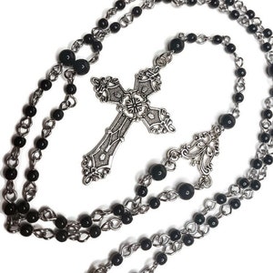 HELLEN Trad Gothic Unisex Victorian Black Glass Ornate Cross Rosary Chaplet Necklace Trad Old School Goth Punk