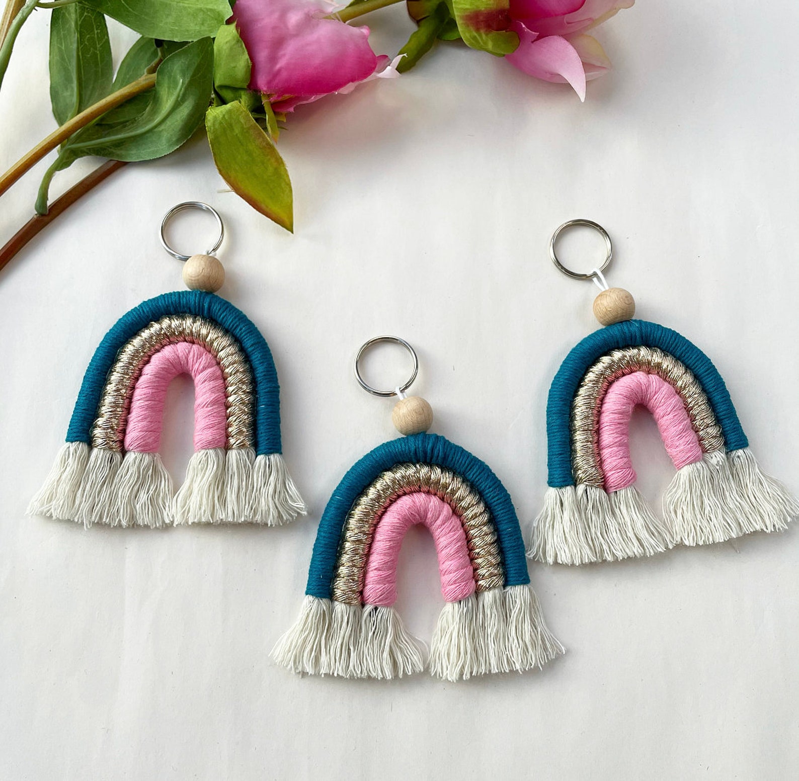 Macrame Rainbow Keychain Cute Keychains Rainbow Keychains Etsy