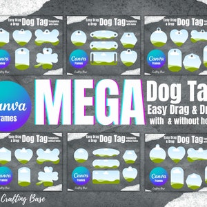 May include: A set of 18 customizable dog tag templates for Canva. The templates feature a green and blue landscape design with a white cloud. The text on the templates reads "Easy Drag & Drop Dog Tag Templates with & without holes".