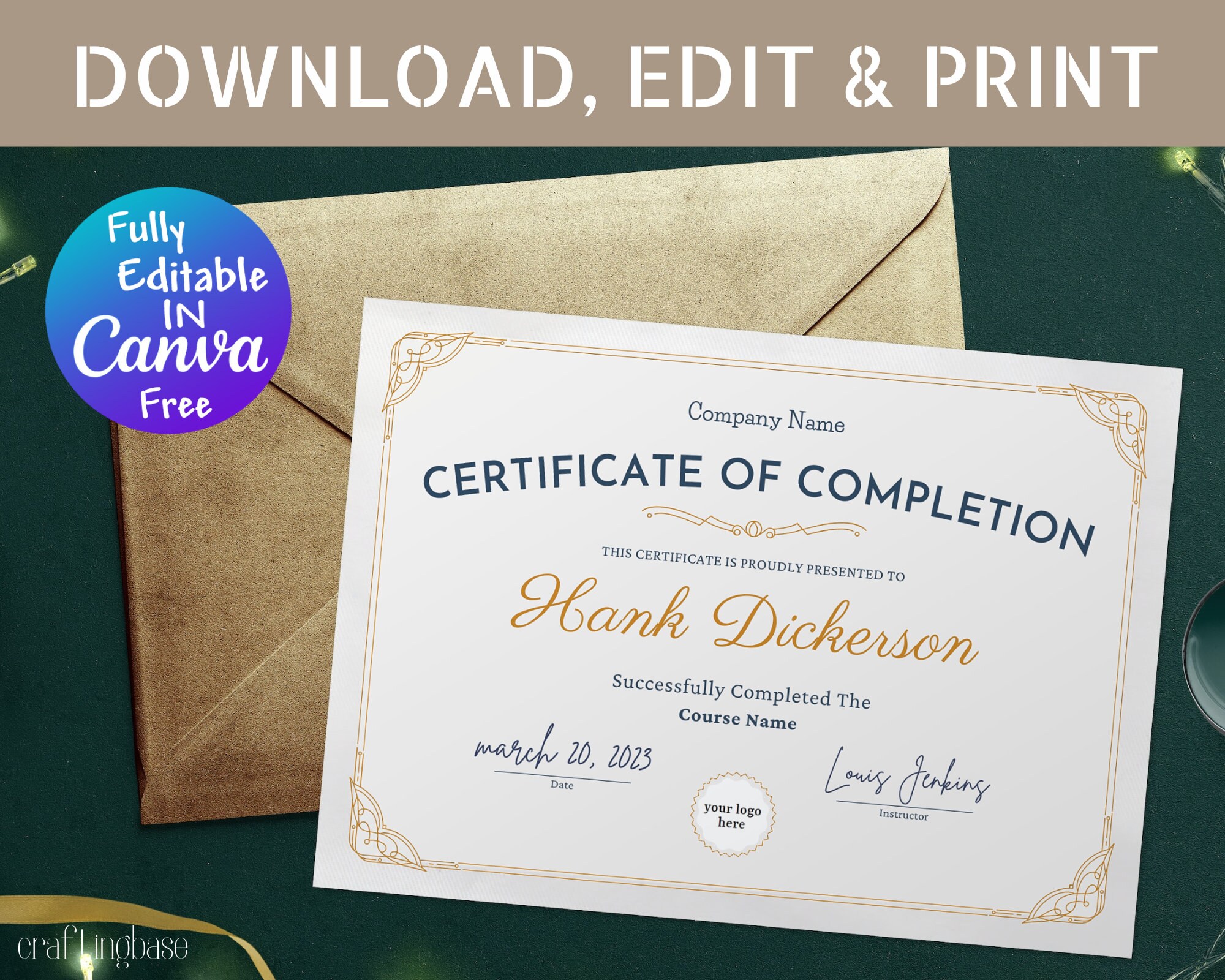 Editable Course Completion Ribbon Certificate of Completion Template, Certificate Canva Template ...