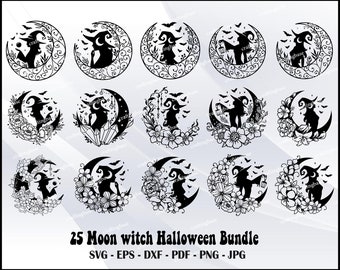 Floral moon witch Svg, witch Svg, Moon Svg Bundle, Moon witch Mandala Svg, witch Cut File, moon Svg, Moon Star Designs, Moon Phase Svg