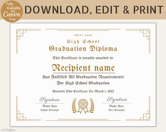Editable High School Diploma Template, Diploma Certificate, Canva Template, Keepsake for Students, Personalized Canva templates