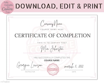 Certificate of Completion Template, Editable Course Certificate, Certificate Canva Template, Instant Digital Download