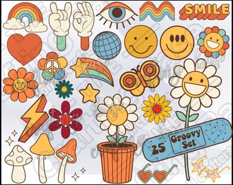 Boho svg bundle, hippie svg bundle, boho svg, boho rainbow svg, Boho Hippie svg, flower svg, Groovy Vector Art, Retro Clipart Set