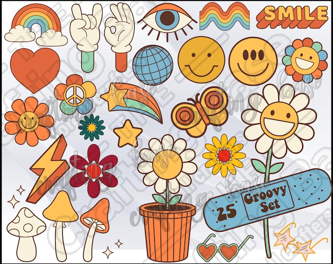 Hippie SVG Bundle, Hippie Flower SVG, Groovy Clipart Bundle, Retro ...