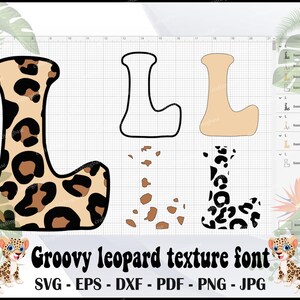 Op de afbeelding: Een digitaal ontwerpbestand voor een letter L met luipaardprint. Het ontwerp is voor een groovy luipaardtextuur-lettertype. De afbeelding toont de letter L in een zwarte omtrek, een beige omtrek en een luipaardprintontwerp.