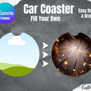 Riempi i tuoi sottobicchieri per auto su CANVA, sublimazione di sottobicchieri per auto, modello per sublimazione con trascinamento della selezione, cornice Canva modificabile