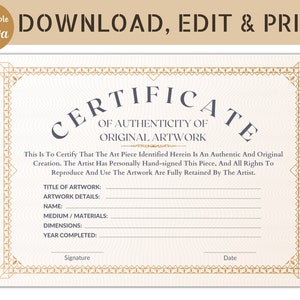 Editable Certificate Of Authenticity For Artwork, Artwork Certificate, Canva Template, Instant Digital Download