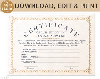 Editable Certificate of Authenticity for Artwork, Artwork