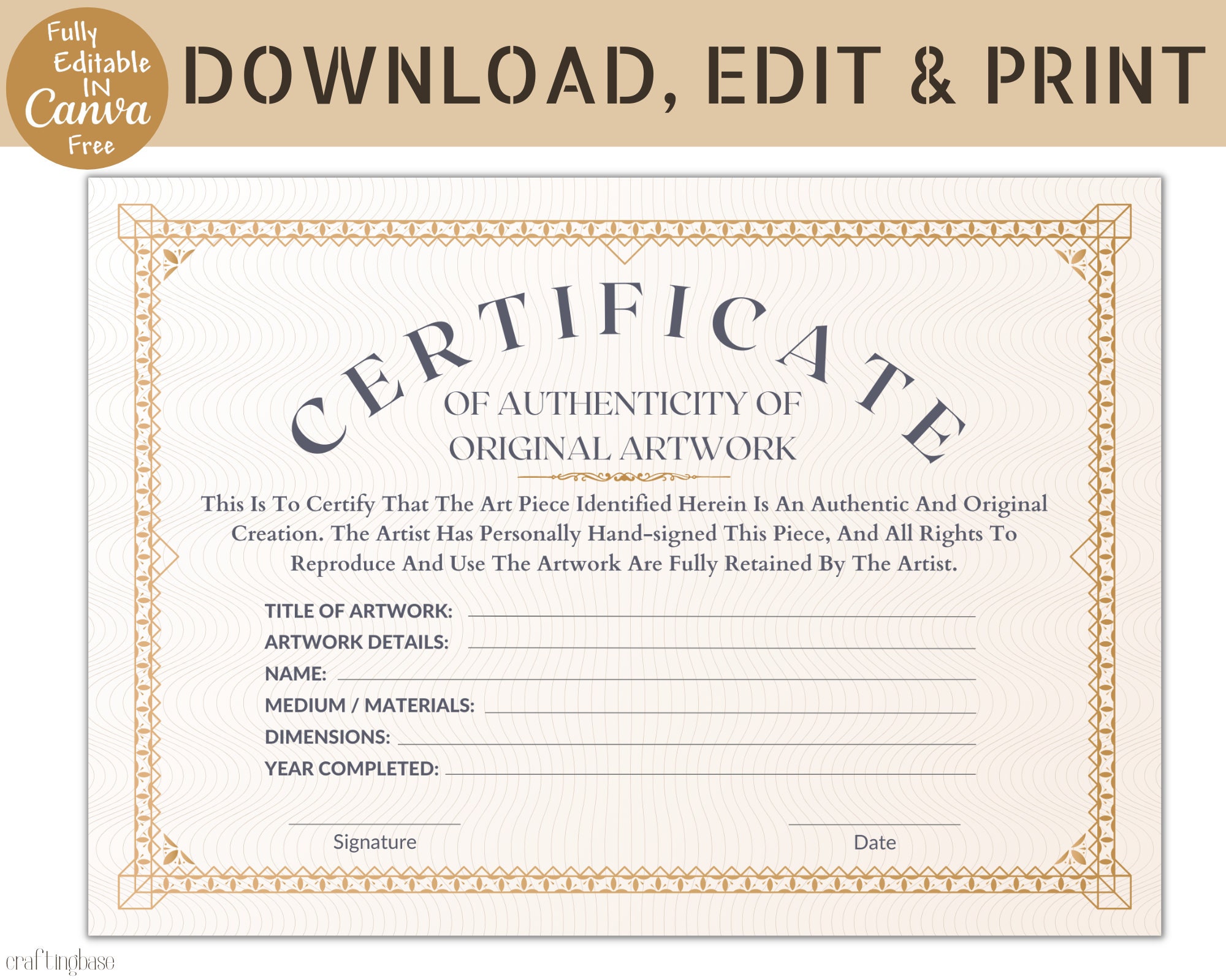 Editable Certificate of Authenticity for Artwork, Artwork Certificate Editable Certificate of Authenticity for Artwork, Artwork Certificate