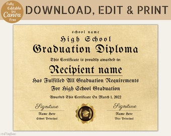 Editable High School Diploma Template, Diploma Certificate, Canva Template, Keepsake for Students, Personalized Canva templates