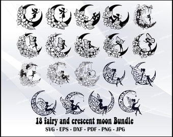 fairy and crescent moon Svg, fairy Svg, Moon Svg Bundle,  fairy Moon Mandala Svg, fairy Cut File, moon Svg, firy moon Designs, Moon Phase
