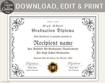 Editable High School Diploma Template, Diploma Certificate, Canva Template, Keepsake for Students, Personalized Canva templates