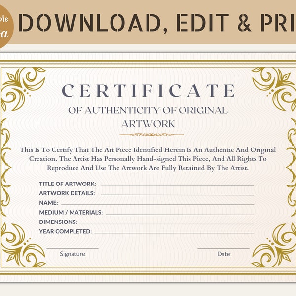 Editable Certificate Of Authenticity For Artwork, Artwork Certificate, Canva Template, Instant Digital Download.