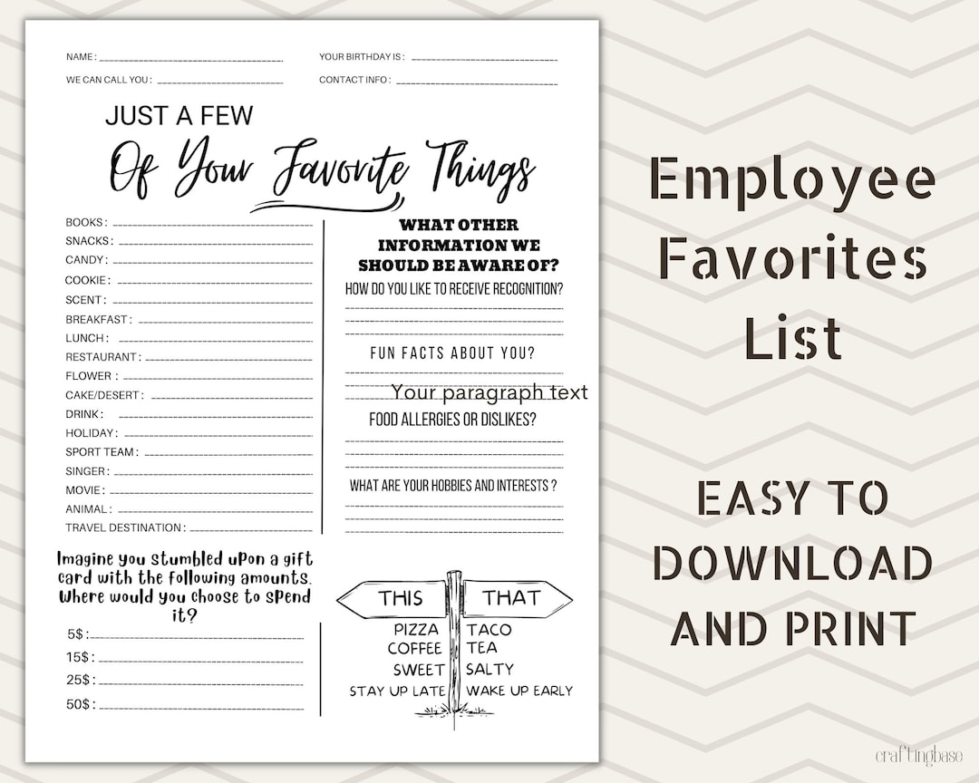 Employee Favorites List Employee Wishlist Printable Employee Favorites List Pdf For Office Use