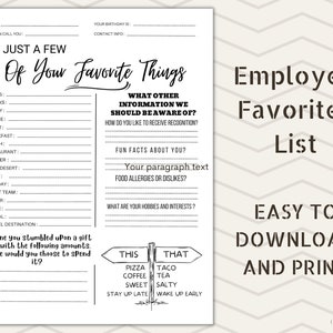 Lista de favoritos de los empleados, lista de deseos de los empleados, lista de favoritos de los empleados imprimible en PDF para uso en la oficina, conozca mejor a su equipo