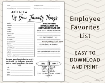 Employee Favorites List, Employee Wishlist, Printable Employee Favorites List PDF for Office Use, Get to Know Your Team Better