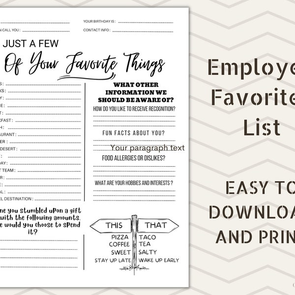 Employee Favorites List, Employee Wishlist, Printable Employee Favorites List PDF for Office Use, Get to Know Your Team Better