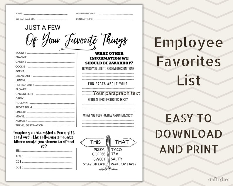 Employee Favorites List Employee Wishlist Printable Employee 
