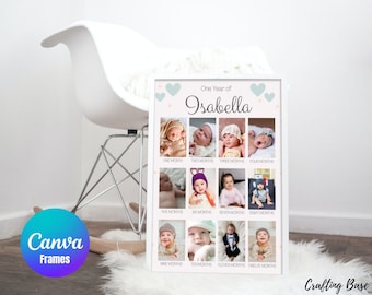 Modern 1st Birthday Photo Collage Sign, Editable Year In Pictures Board, Printable Baby's First Year Poster,  canva template