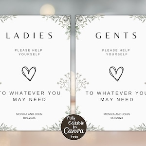 Wedding bathroom sign template, wedding bathroom basket sign, modern wedding sign, ladies and gents party sign, Canva Template