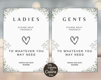 Wedding bathroom sign template, wedding bathroom basket sign, modern wedding sign, ladies and gents party sign, Canva Template