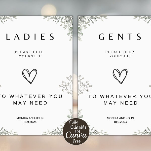 Wedding bathroom sign template, wedding bathroom basket sign, modern wedding sign, ladies and gents party sign, Canva Template