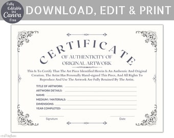 Editable Certificate Of Authenticity For Artwork, Artwork Certificate, Canva Template, Instant Digital Download