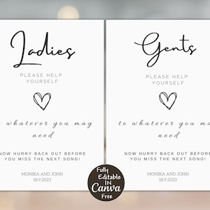 Wedding bathroom sign template, modern wedding sign, ladies and gents party sign, wedding bathroom basket sign, Canva Template