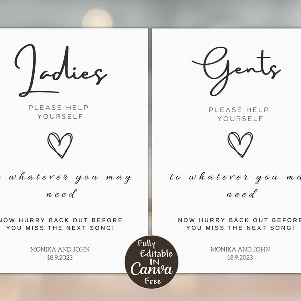 Wedding bathroom sign template, modern wedding sign, ladies and gents party sign, wedding bathroom basket sign, Canva Template