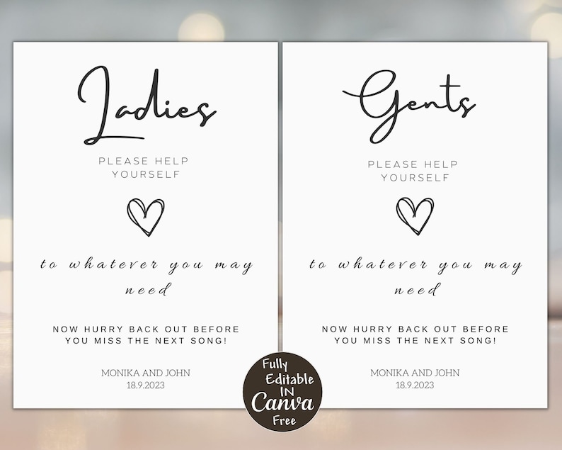 Wedding Bathroom Sign Template, Modern Wedding Sign, Ladies and Gents Party Sign, Wedding ...