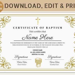 Plantilla de certificado de bautismo editable, certificado de bautismo, plantilla de Canva, recuerdo para la familia, bautismo de niño personalizado en Canva