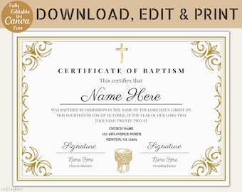 Editable Certificate of Baptism Template, Baptism Certificate, Canva Template,Keepsake for Family, Personalized Child's Baptism in Canva