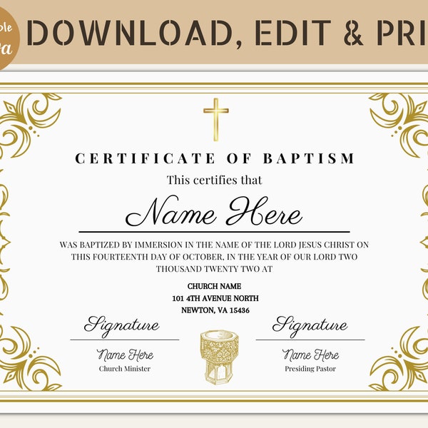 Editable Certificate of Baptism Template, Baptism Certificate, Canva Template,Keepsake for Family, Personalized Child's Baptism in Canva