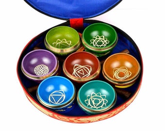 Singing Bowl set of 7 - 3 inches Gulpa mantra carved singing bowls with box (variation) Option - Tibetan singing bowls from Nepal