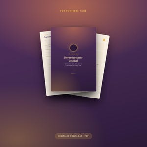 May include: A digital PDF journal titled Nervensystem-Journal with a dark purple gradient cover featuring a central black circle. The text reads FÜR RUHIGERE TAGE, Nervensystem-Journal, Dein Begleiter durch akute Momente & auf deinem Weg zu mehr Ruhe, Seite 1, and DIGITALER DOWNLOAD - PDF.