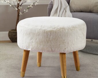 Heavy Faux Fur Oval Ottoman, Super Soft Fuzzy Round Makeup Ottoman Bedroom Foot Rest Stool for Living Room Entryway Chair Home Decor