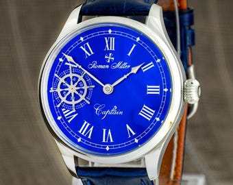 Men’s Unique Watch: Captain, Sea lover Gift, watch for Sailor, Rotating Ship Wheel, Steel Case, Roman Miller