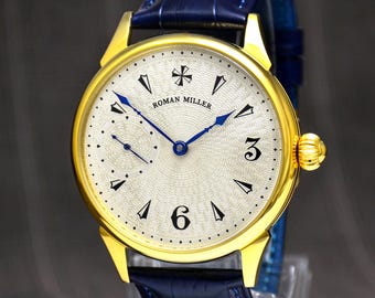 Gold Exclusive Watch, Mechanical wristwatch, Guilloche dial, Anniversary Gift for Husband, Roman Miller