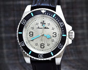 R. Miller Diver Watch, Ceramic Bezel, Seiko Automatic, Leather Strap
