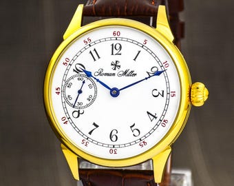 Vintage Style Gold Plated Watch, Marriage watch mechanical Manual Winding, Leather Strap, Gift Box