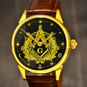 Freemason watch Hidden symbols by R. Miller - Masonic watch, gold watch men, mechanical watch, masonic gifts for men