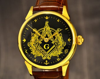 Freemason watch R.Miller Hidden symbols: Gold plated, Mechanical, Masonic gifts for men