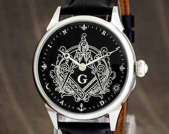 Masonic watch for man with Hidden Symbols,  Freemason, Black Dial, Unique Masonic jewelry