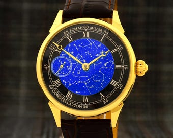 Orologio d&#39;oro di lusso, regalo personalizzato per il marito, scatola regalo, cinturino in pelle, orologio meccanico con mappa delle costellazioni delle stelle, regalo di anniversario per uomo